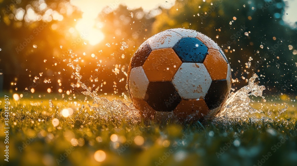 Fototapeta premium Sunset Soccer Splash: A Golden Hour Goal