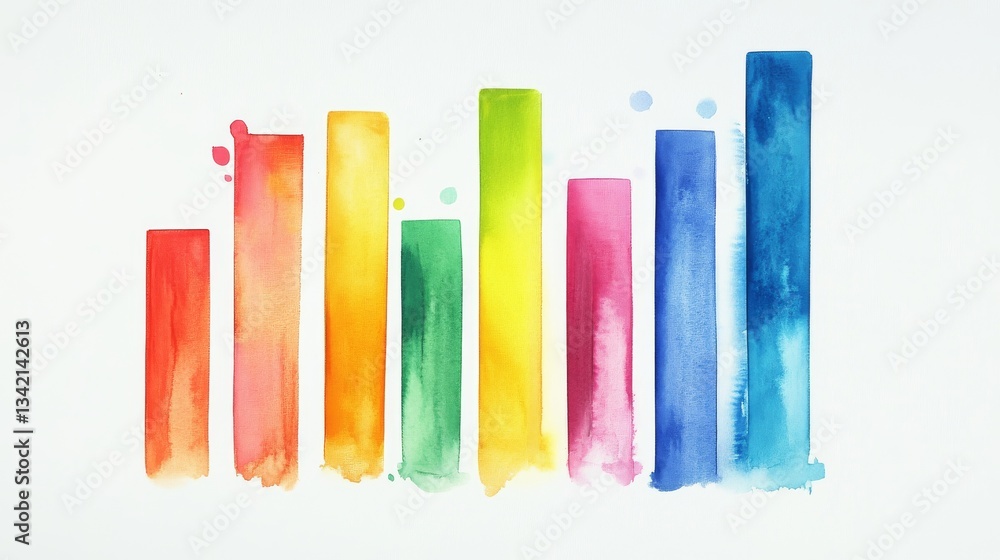 Fototapeta premium Vibrant Watercolor Bar Chart Illustration - A vibrant watercolor painting depicting a bar chart, symbolizing growth, data, progress, statistics, and visualization