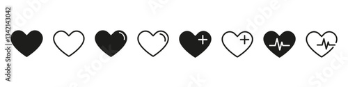 Heart icon. Heart shape vector set. Medical heath line design symbol. Vector heartbeat logo. Isolated clinic cardio sign. Romantic heart sign.