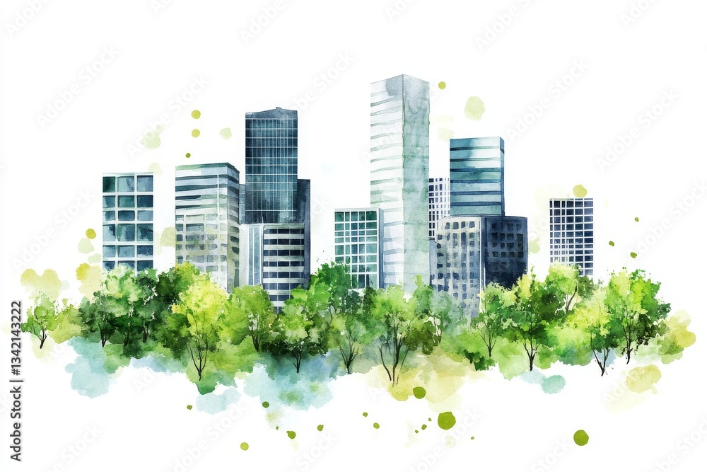 Obraz premium Watercolor Cityscape: Modern Buildings and Lush Greenery - A serene watercolor painting depicting a modern city skyline nestled amidst vibrant green trees, symbolizing urban nature, harmony