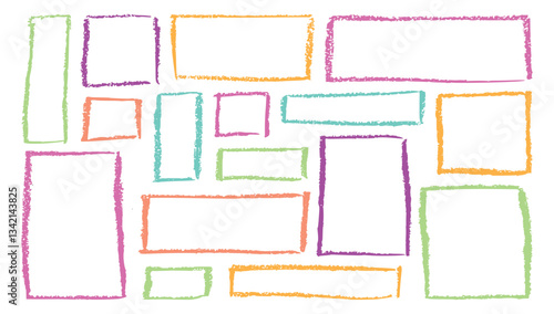 Set of different crayon border. Hand drawn crayon grunge shape. Crayon doodle frame and box for text in kid chalk style