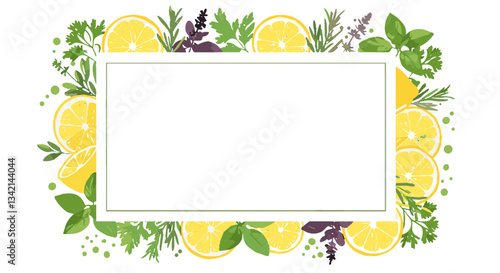 Decorative lemon and herb border with blank space for text on a white background 
