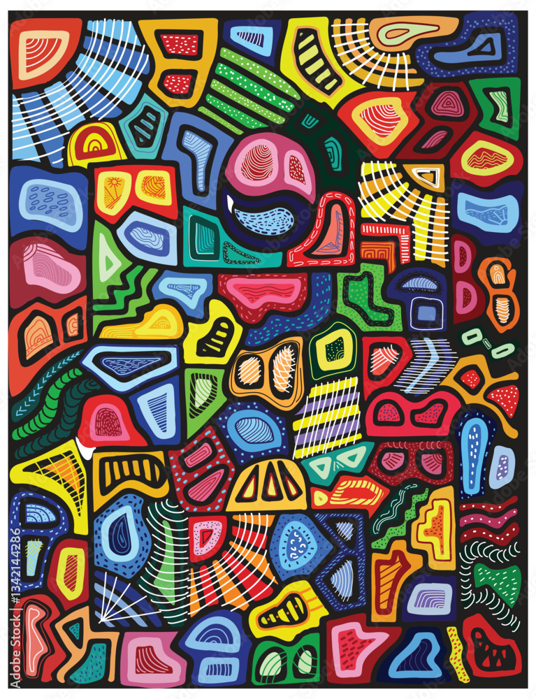 A vibrant abstract design composed of colorful geometric shapes and patterns, blending various textures and forms on a dark background, bold geometric shapes give the pattern a modern and stylish feel A vibrant abstract design composed of colorful geometric shapes and patterns, blending various textures and forms on a dark background, bold geometric shapes give the pattern a modern and stylish feel
