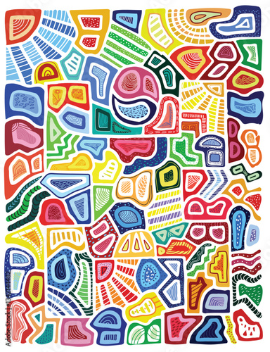 Colorful  hand drawn geometric composition in abstract shapes and patterns in vibrant hues of blue, red, green, yellow, and orange, creating a dynamic visual tapestry give the  a modern feel.