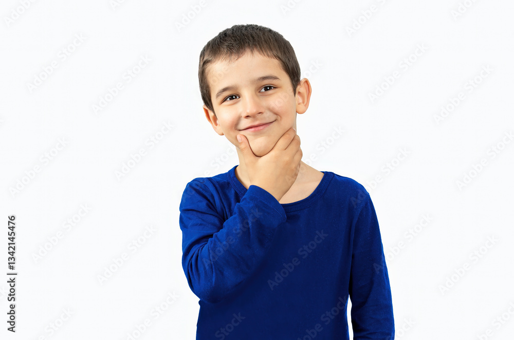 Child wearing winter blue t-shirt over white isolated background with hand on chin thinking about question, pensive expression. Smiling with thoughtful face. Doubt concept. Child wearing winter blue t-shirt over white isolated background with hand on chin thinking about question, pensive expression. Smiling with thoughtful face. Doubt concept.