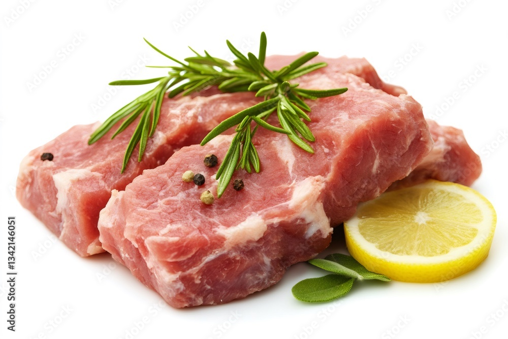 Fresh pork steaks seasoned with rosemary and peppercorns on white background Fresh pork steaks seasoned with rosemary and peppercorns on white background