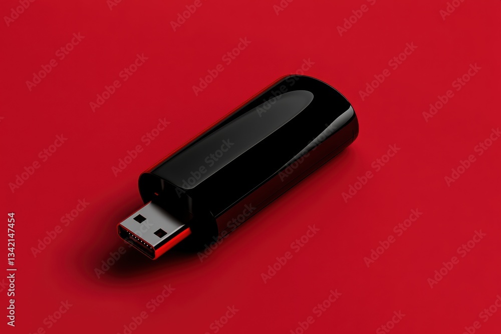 Sleek Black and Red USB Flash Drive Contrasts Sharply Against Vibrant Red Backdrop Generative AI Sleek Black and Red USB Flash Drive Contrasts Sharply Against Vibrant Red Backdrop Generative AI