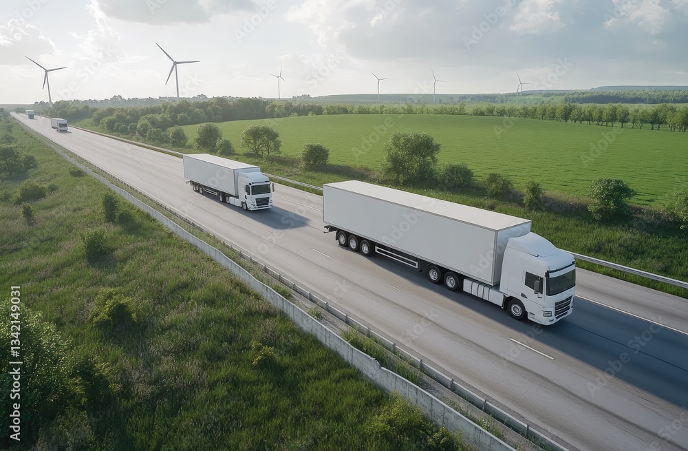 White Semi-Trucks on Highway, Green Fields, Wind Turbines Background White Semi-Trucks on Highway, Green Fields, Wind Turbines Background