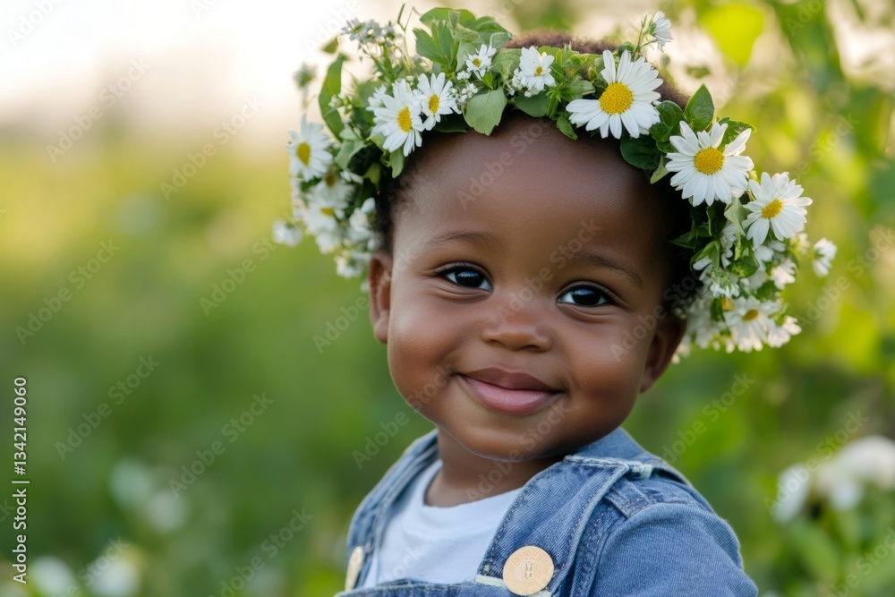 Sunny daylight. Smiling black toddler boy with tt hair wearing white flower crown on his head. Happy warm season holidays graphic concept art. Boho-style floral wreath for boys. Sunny daylight. Smiling black toddler boy with tt hair wearing white flower crown on his head. Happy warm season holidays graphic concept art. Boho-style floral wreath for boys.