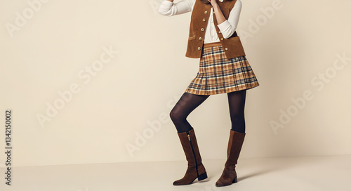 Brown suede vest, plaid skirt, tights and brown boots outfit.