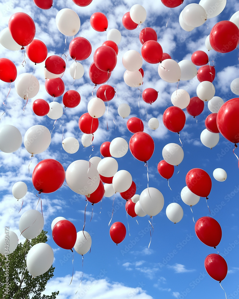 Red and white balloons floating in the blue sky. Red and white balloons floating in the blue sky.