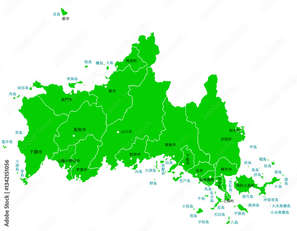 山口県 地図 グリーン 斑点 イラスト 山口県 地図 グリーン 斑点 イラスト