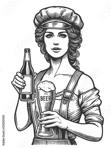 woman in overalls and a cap holding a beer bottle and a frothy glass of beer sketch engraving generative ai vector illustration. Scratch board imitation. Black and white image.