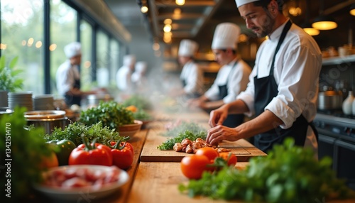 Fototapeta Naklejka Na Ścianę i Meble -  Noisy kitchen features chefs preparing meal ingredients, culinary team cooking. Pro restaurant setup, organic vegetables, herbs on table. Lively atmosphere, dynamic activity. Food preparation,