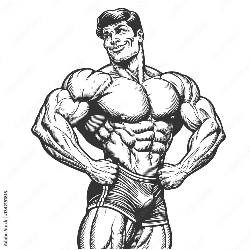 muscular bodybuilder posing with hands on hips, showcasing exaggerated muscles and a confident, smug expression sketch engraving generative ai vector illustration. Scratch board. Black and white image muscular bodybuilder posing with hands on hips, showcasing exaggerated muscles and a confident, smug expression sketch engraving generative ai vector illustration. Scratch board. Black and white image