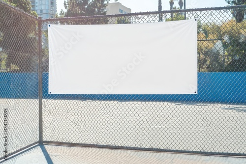 Blank white banner on chain-link fence