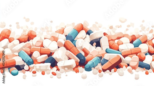 Heap of tablets and capsules isolated on white background, vector illustration