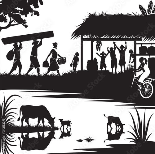 Rural Village Life with Farmers and Livestock