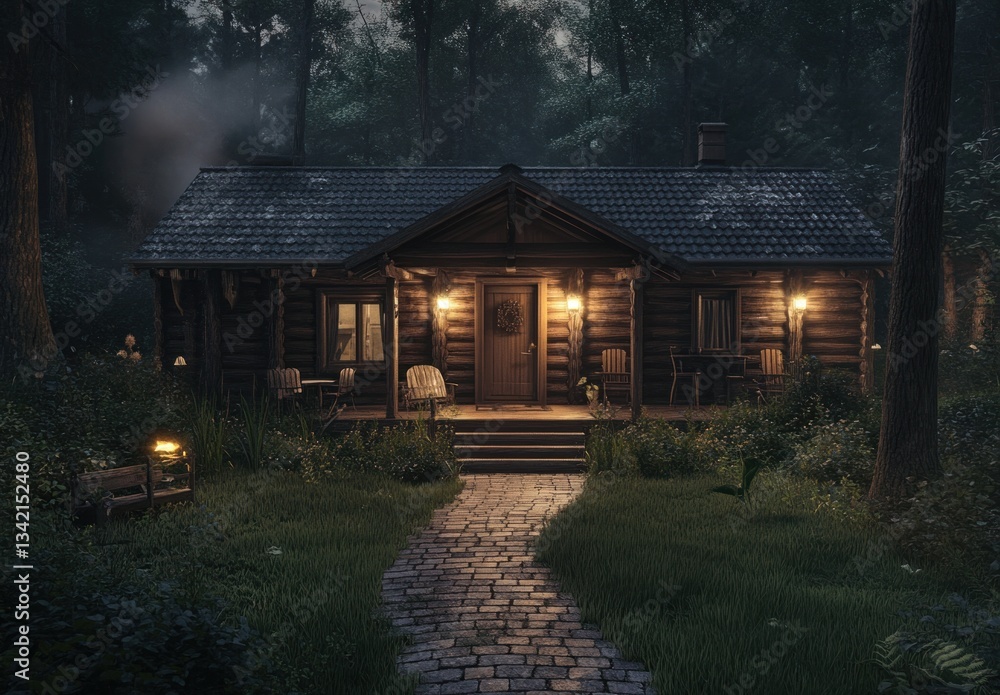 Misty forest cabin at twilight, serene, inviting Misty forest cabin at twilight, serene, inviting