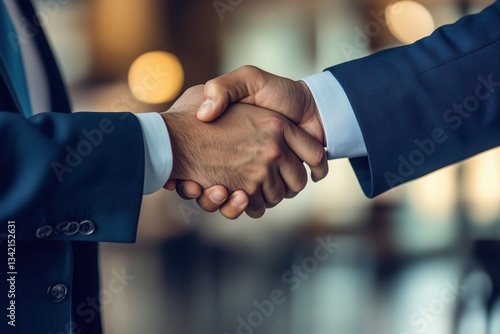  
Aperto de mãos entre duas pessoas em trajes formais dentro de um escritório moderno com fundo desfocado, criado com IA generativa