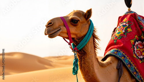 Camel with colorful saddle in desert landscape