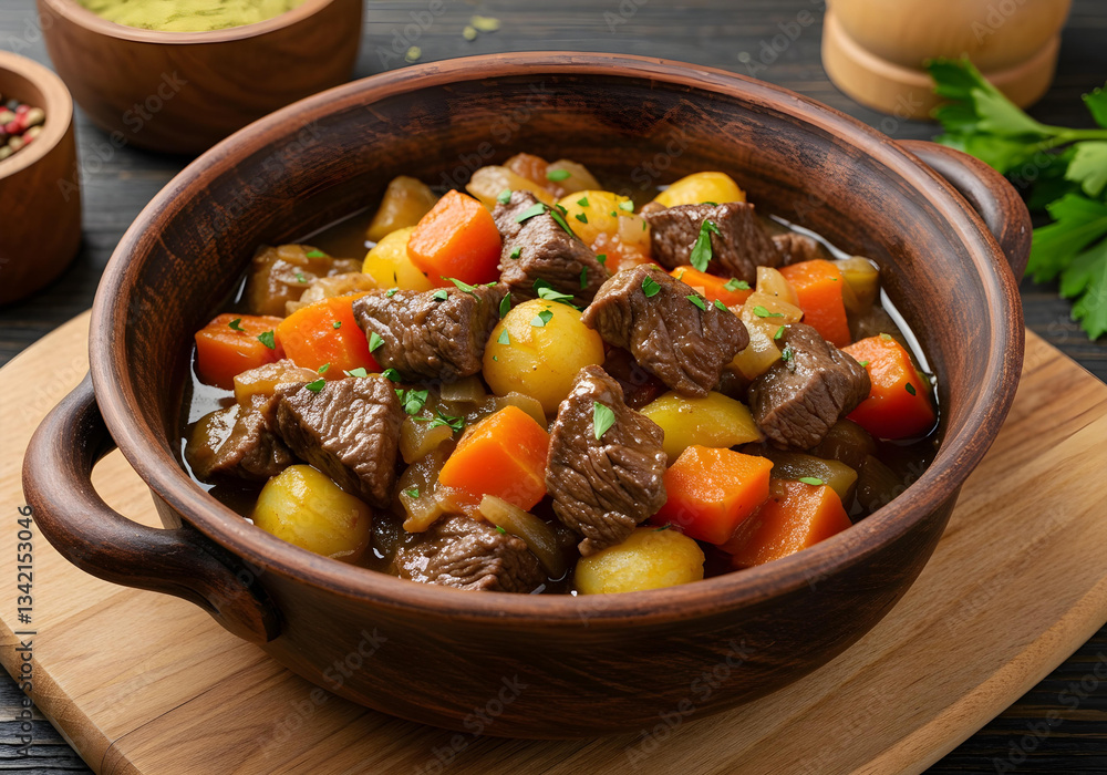 Delicious beef stew with vegetables in a rustic bowl. Delicious beef stew with vegetables in a rustic bowl.