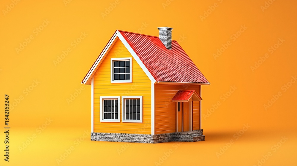 3D Model Yellow House Red Roof Orange Background 3D Model Yellow House Red Roof Orange Background