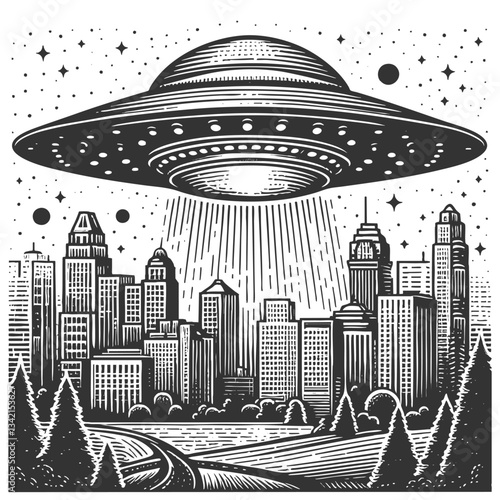 UFO hovering over a city, emitting bright beams of light in a dramatic scene sketch engraving generative ai vector illustration. Scratch board imitation. Black and white image.