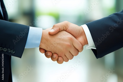  
Aperto de mãos entre duas pessoas em trajes formais dentro de um escritório moderno com fundo desfocado, criado com IA generativa