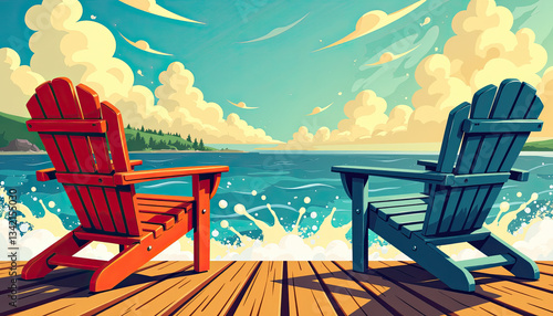 Vibrant Adirondack chairs on sunny dock by splashing waves, summer joy