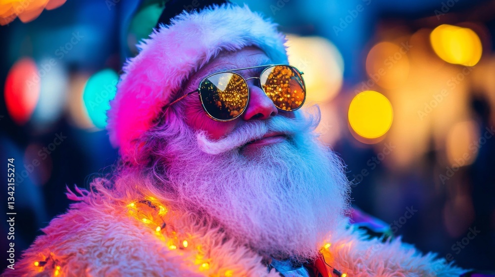 Naklejka premium Santa Claus in Neon Lights at Night