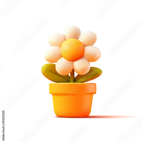 3D chamomile in a pot. Beautiful cute daisy on a white background. Icon. For spring, summer, home decor concepts. Flora. Vector illustration.