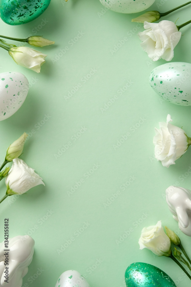 Fototapeta premium Easter flat lay composition with speckled eggs, white spring flowers, and pastel ceramic bunnies on a soft green background