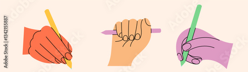 Hand holding a pen or pencil. Set of gestures in various positions. Colorful trendy vector illustration. Index, middle, ring, little fingers and thumb