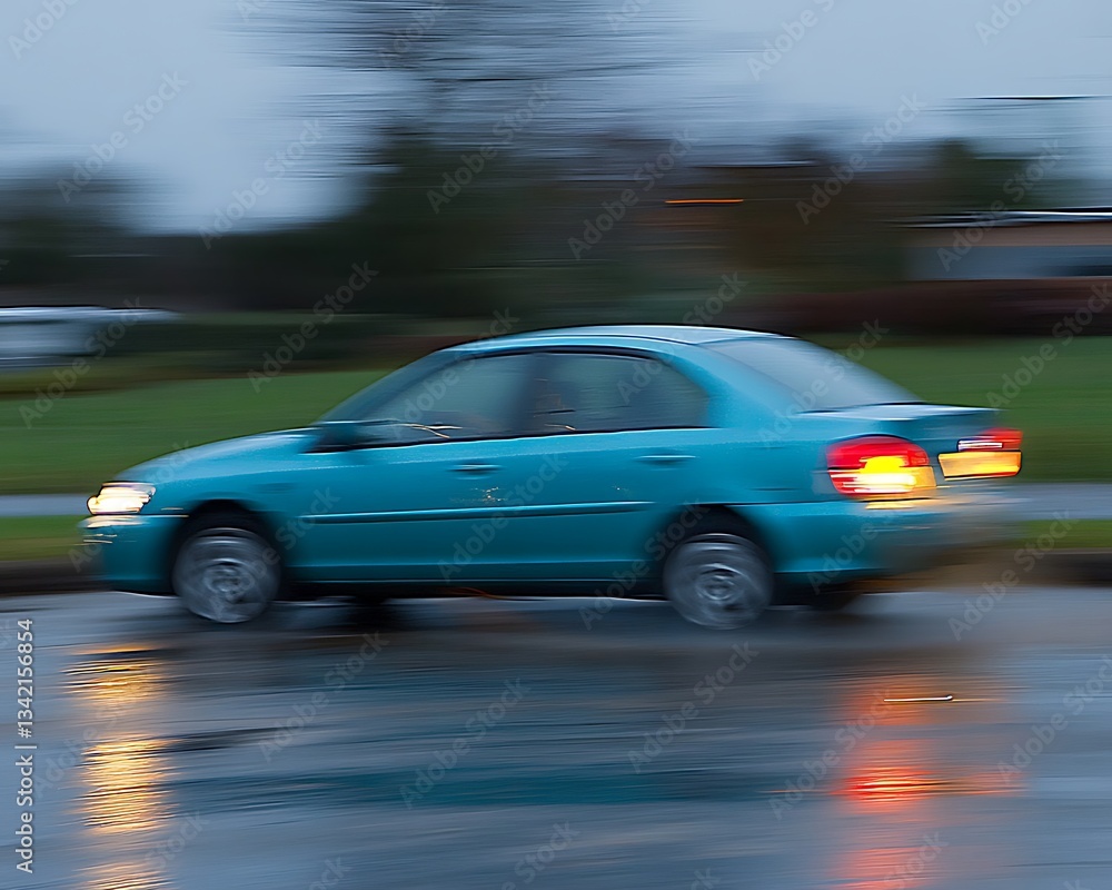 A fast moving teal car seen in a blurred motion photograph A fast moving teal car seen in a blurred motion photograph
