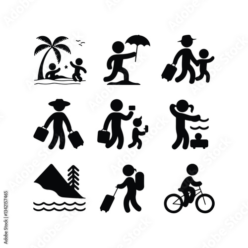 Vacation Travel Thin Line Icons - Editable Stroke Summer characters. Family couple travellers with kids going to vacation at beach sea or ocean People traveling set 