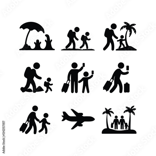 Vacation Travel Thin Line Icons - Editable Stroke Summer characters. Family couple travellers with kids going to vacation at beach sea or ocean People traveling set 