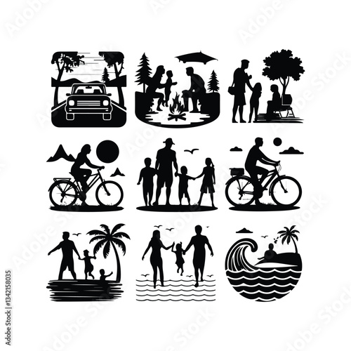 Vacation Travel Thin Line Icons - Editable Stroke Summer characters. Family couple travellers with kids going to vacation at beach sea or ocean People traveling set 