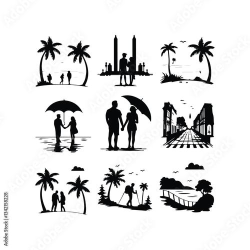 Vacation Travel Thin Line Icons - Editable Stroke Summer characters. Family couple travellers with kids going to vacation at beach sea or ocean People traveling set 