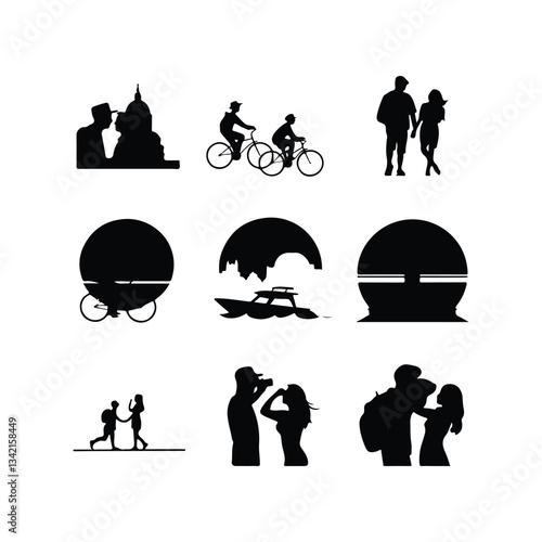 Vacation Travel Thin Line Icons - Editable Stroke Summer characters. Family couple travellers with kids going to vacation at beach sea or ocean People traveling set 