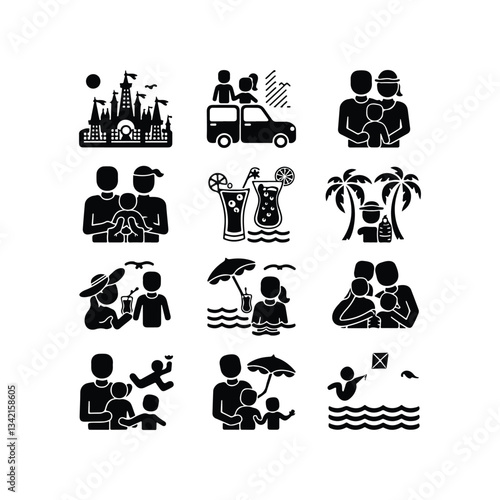 Vacation Travel Thin Line Icons - Editable Stroke Summer characters. Family couple travellers with kids going to vacation at beach sea or ocean People traveling set 