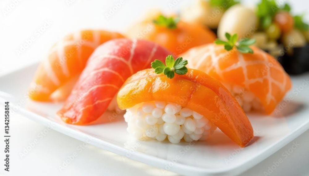 Close-up of assorted sushi on white background, rolls, minimalist Close-up of assorted sushi on white background, rolls, minimalist