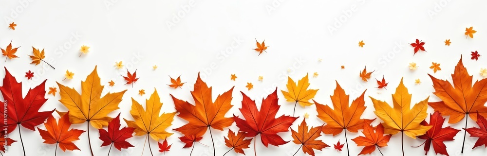 Horizontal autumn flat lay border with red, orange, yellow maple leaves isolated on white backdrop. Fall foliage decoration layout. Autumnal seamless background for season promotions, thanksgiving Horizontal autumn flat lay border with red, orange, yellow maple leaves isolated on white backdrop. Fall foliage decoration layout. Autumnal seamless background for season promotions, thanksgiving