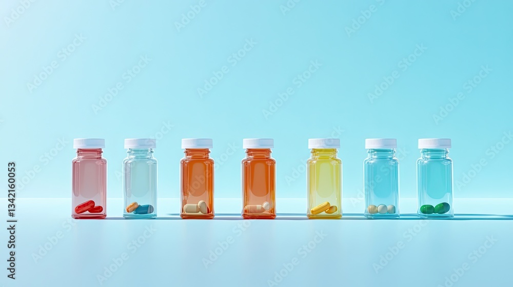 Medication bottles with supplements on blue background Medication bottles with supplements on blue background
