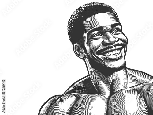 smiling, muscular man with a confident expression, symbolizing strength, positivity, fitness, and motivation sketch engraving generative ai vector illustration. Scratch board. Black and white image.