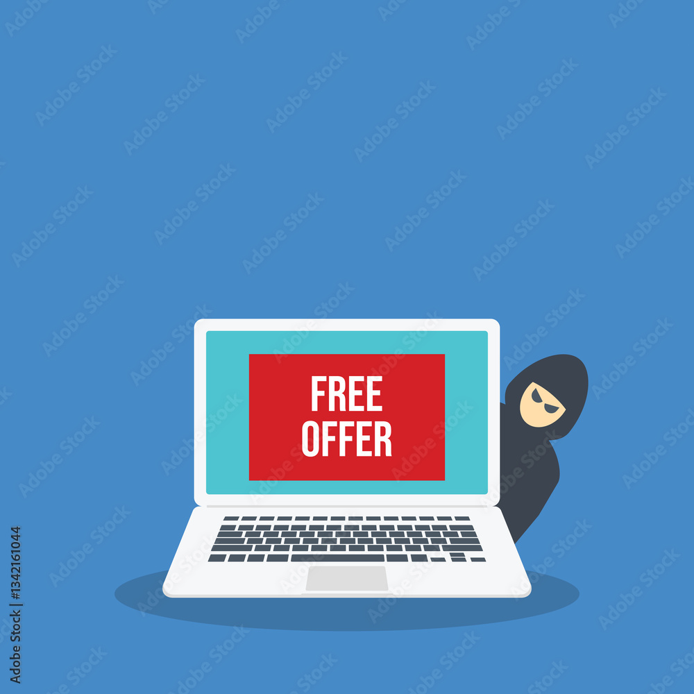 Hacker and free offer message banner on a laptop computer. Hacking concept.
Hacker and free offer message banner on a laptop computer. Hacking concept.