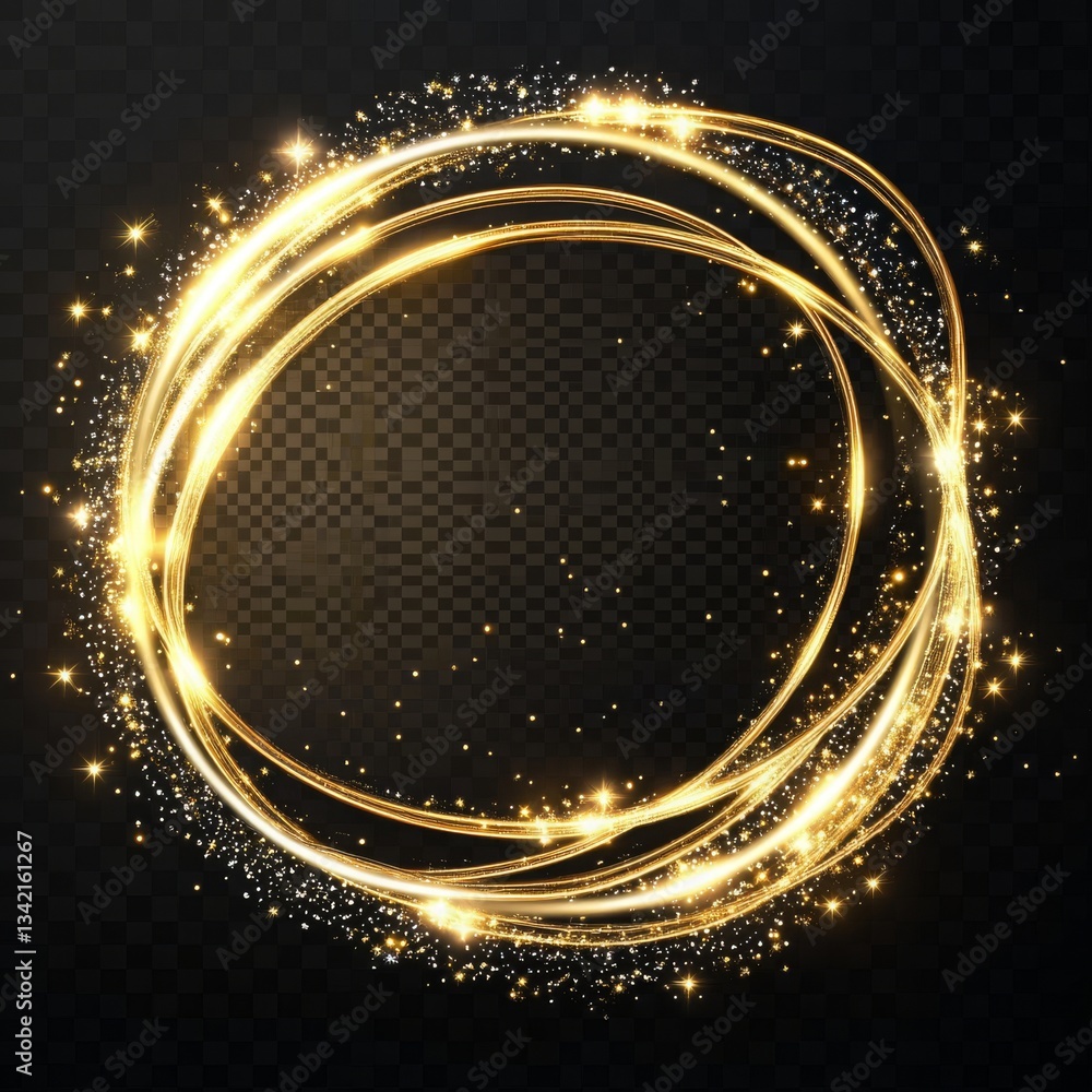 Fototapeta premium Frame made of gold oval rings with glitter and flashes on a transparent background.