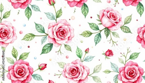 Delicate watercolor roses & leaves, repeating pattern, pink, repeat