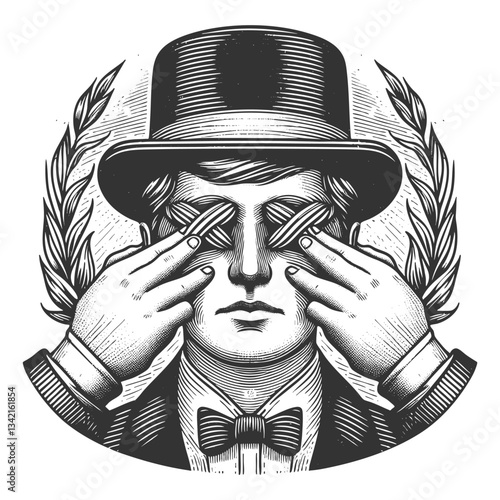 man in a top hat and bow tie, covering his eyes with multiple hands, symbolizing blindness, secrecy, or ignorance sketch engraving generative ai vector illustration. Scratch board. Black and white.