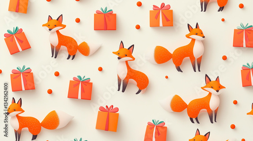 little red foxes and colorful giftboxes forming pattern background
